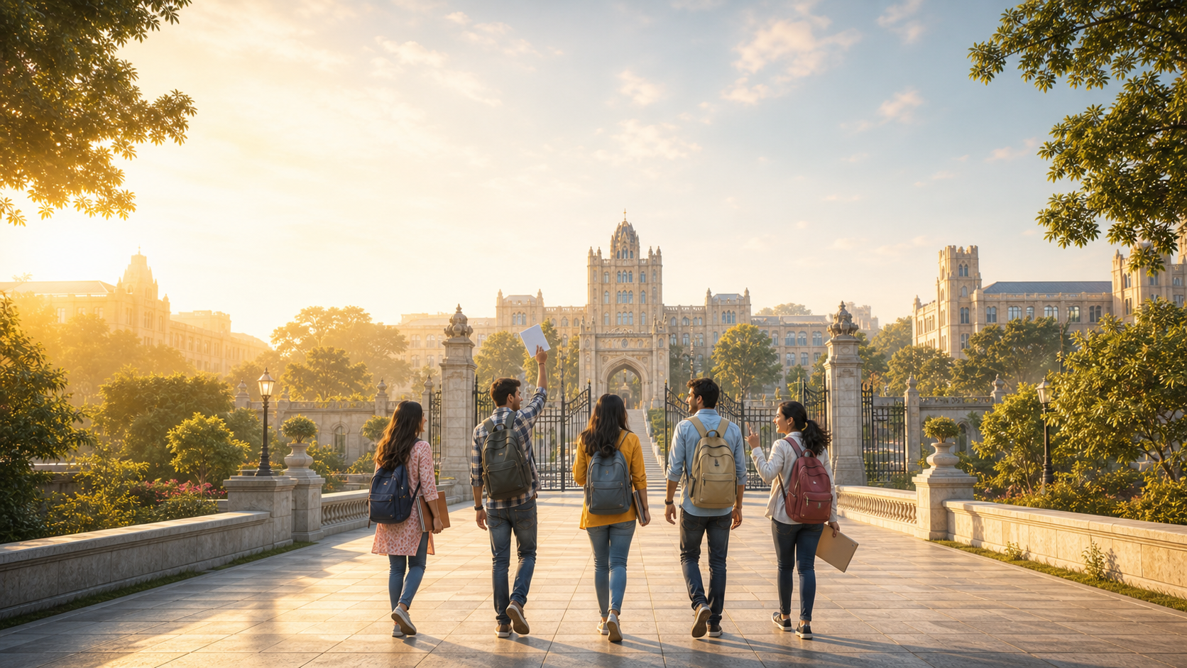 Students walking toward a stately campus at golden hour